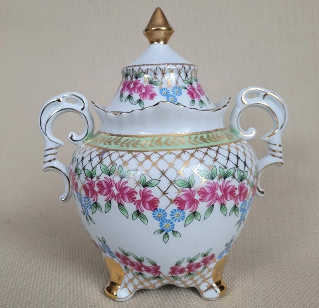 Vintage große chinesische Keramik Weißgold Urnendeckel mit zwei Griffen Blumenmuster