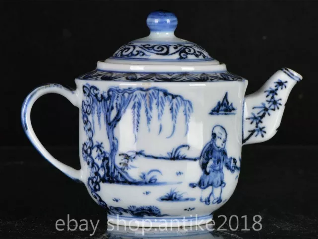 5" Old Chinese Xuande Dynasty Blue White Porcelain People Wine Tea Pot Flagon