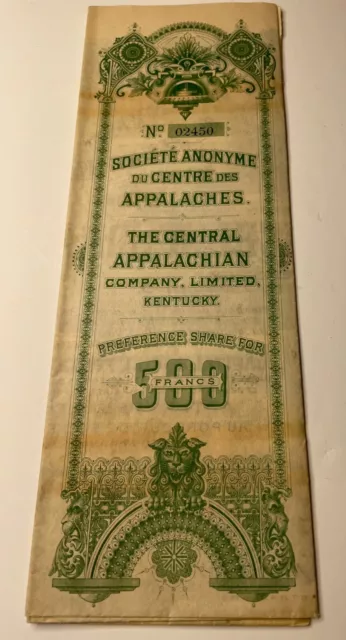 USA CENTRAL APPALACHIAN CO stock certificate 1892 Kentucky