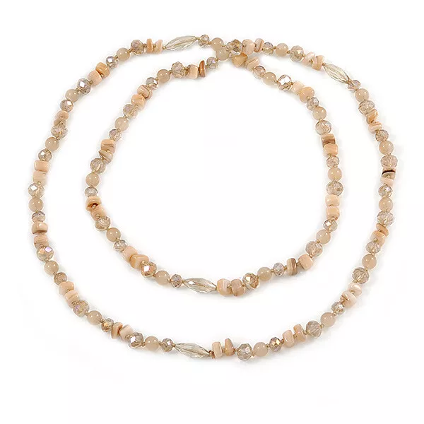 Long Pastel Caramel Semiprecious Stone, Agate and Glass Bead Necklace - 120cm L