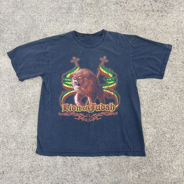 Y2K Lion Of Judah T Shirt Black Faded Rasta Bob Marley Shirt Size Large