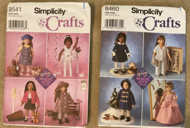 Lot of 2 Simplicity Magic Attic Club 18" Doll Patterns 8460 and 8541 NICE!