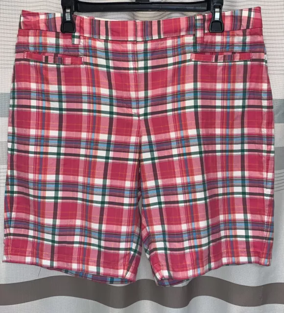 Lands' End Women's Pink Plaid Mid Rise 9" Chino Bermuda Shorts 14 FIT2