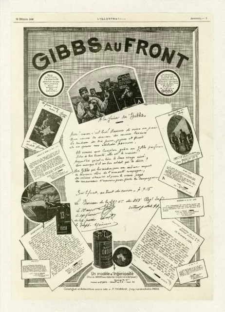 "GIBBS au FRONT" Annonce originale entoilée L'ILLUSTRATION 19 Février 1916