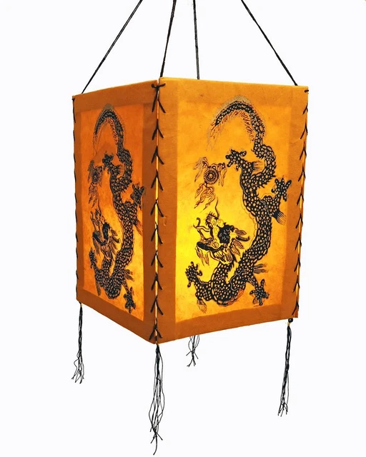 Abat-jour Suspendu Lotus En Papier Lokta Du Népal - Orange Avec Cercles - Fait Main - Décoration Ethnique