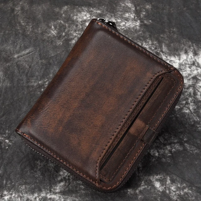 Men'S Short Head Leather Wallet Men'S Retro Wallet Vertical Zipper Leisure Youth