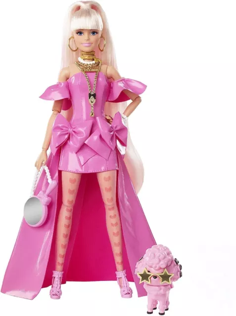?Barbie Extra Fancy Doll in Pink Glossy High-Low Gown, with Pet Puppy, Hair & 3