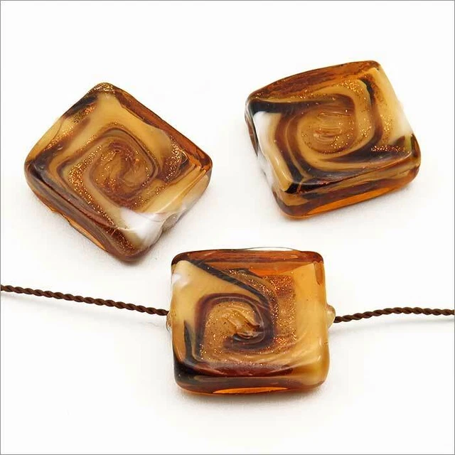 Lot de 4 Perles en Verre Lampwork Rectangles 16x14mm Marron Style Murano