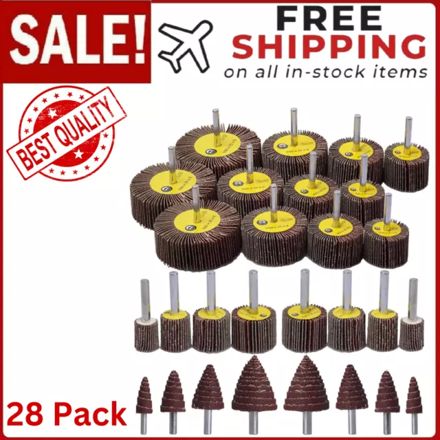 Abrasive Flap Wheel Sander Set,28 Pack 80 Grit 1/4" Shank Mounted Aluminum Ox..