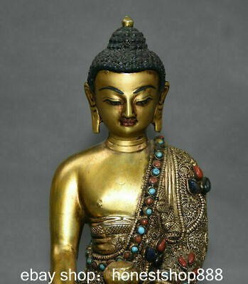 8.4" Old Tibet Copper Gilt Filigree Jewel Temple Sakyamuni Buddha Pot Statue 2