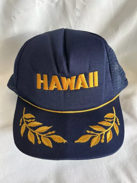 Vintage Dark Blue Hawaii Trucker Hat Cap Mesh Rope Gold Leaf Snapback