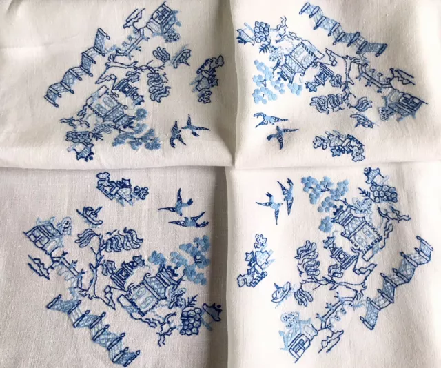 Vintage hand embroidered white linen blue willow pattern tablecloth 32x33 Inches