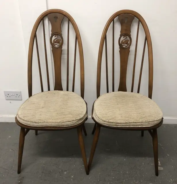 2 ERCOL Swan Back Dining Chairs, Golden Dawn, Windsor 876, Original Cushions