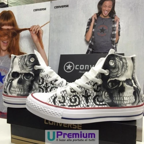 CONVERSE ALL STAR Teschio Merlettato Dipinte a Mano Indelebile