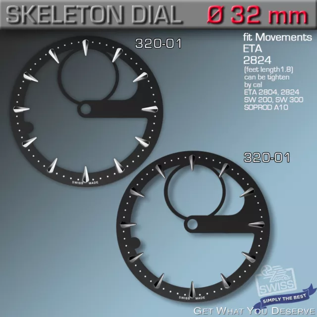 SKELETON-DIAL, ETA 2824-2,2892-A2, SW200,SW300, SOPROD A10, Ø 32mm Ref 320-01+02