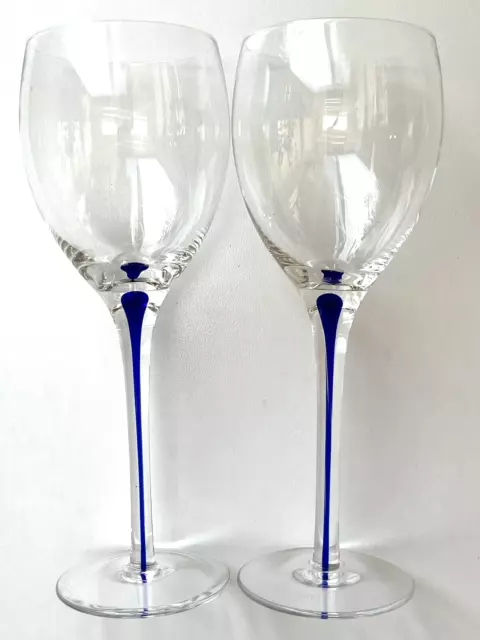 2 Excellent ORREFORS Intermezzo Blue Tear Drop Wine Glasses Hand Blown Sweden