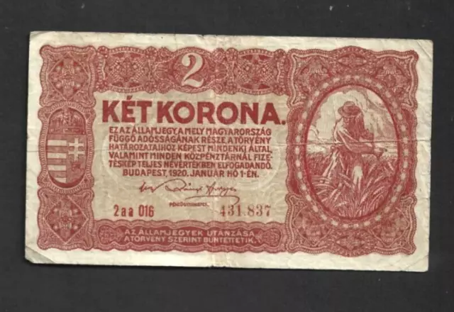 2  KORONA FINE  BANKNOTE FROM HUNGARY 1920  PICK-58a WITHOUT ASTERISK