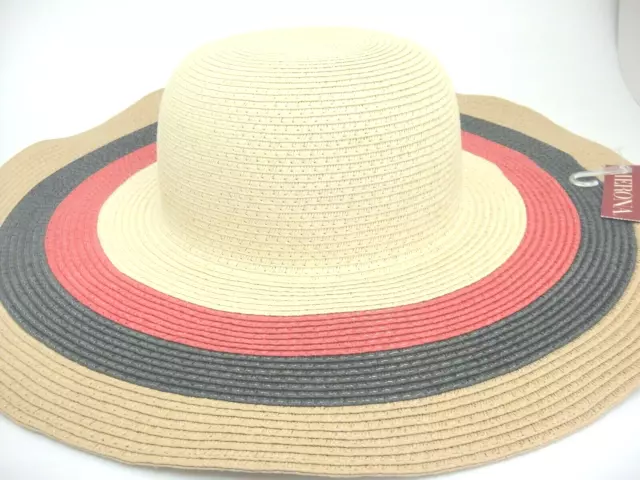Merona Womens Floppy Wide Brimmed Straw Hat Red Navy Tan Stripes New With Tag
