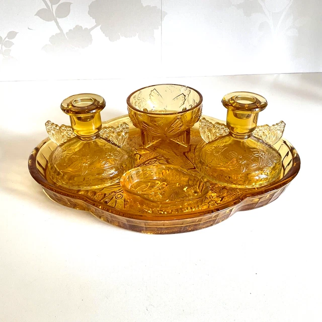 VINTAGE SOWERBY AMBER Glass Butterfly Dressing Table Set Art Deco 1930s
