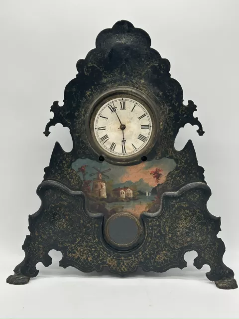 rare american clock company cast iron front painted gilt working mantle 1800s