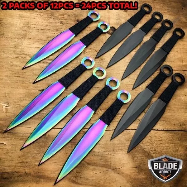 24PC 6" Mixed Black Rainbow Fixed Blade Ninja Naruto Throwing Knife Knives Set
