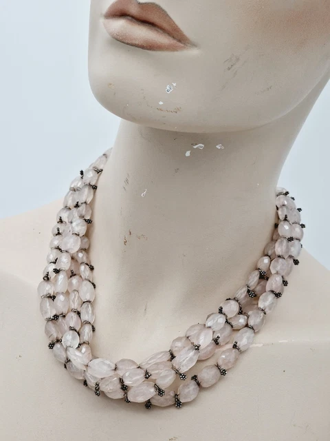 Beautiful Vintage Rose Quartz Faceted Beaded Multi Strand Necklace Silver Clasp