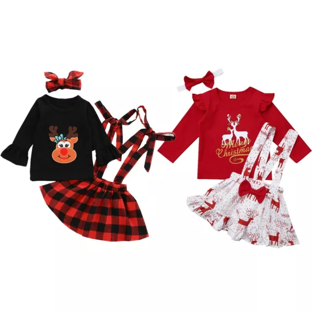 Baby Girls Christmas Outfits Toddler Kids Tops Suspender Skirt Set Xmas Clothes