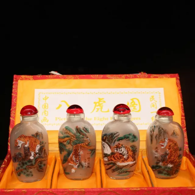 4PC China coloured glaze Inside Painting tiger scenario Snuff / Perfume Bottle