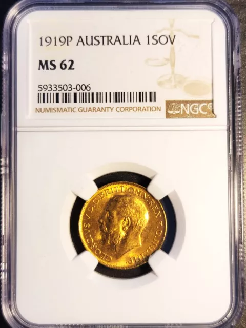 💥RARE 1919P Australia GEORGEV Sovereign Gold PERTH mint Key date NGC MS62 💥