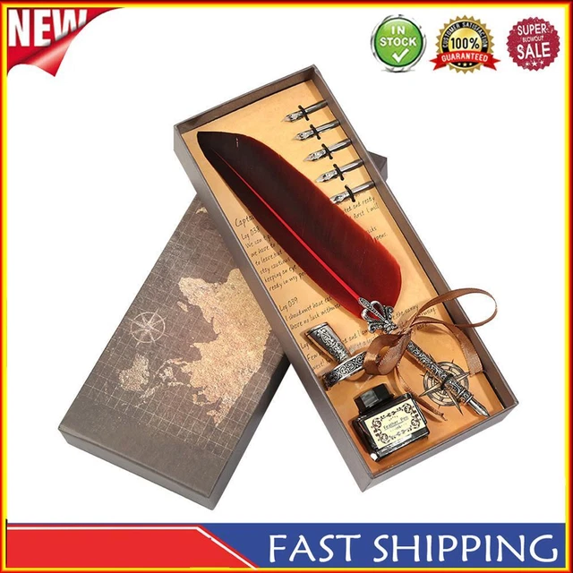RETRO CALLIGRAPHY FEATHER Dip Pen Writing Ink Quill Fountain Pen Set ...