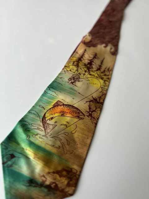 VTG 1940s 1950s Men's Tie Sportsman Fly Fishing Beautiful Colors No Tag