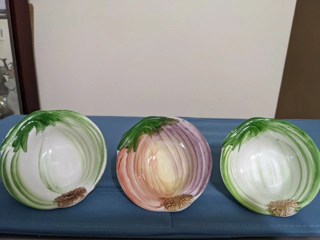 Vintage Italy Majolica Pottery Porcelain 3 Piece Onion Bowl Dishes Set Mint 2