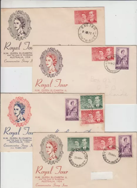 Stamps royal visit set of 3 on 1954 group of 4 Wide World specific cachet FDCs