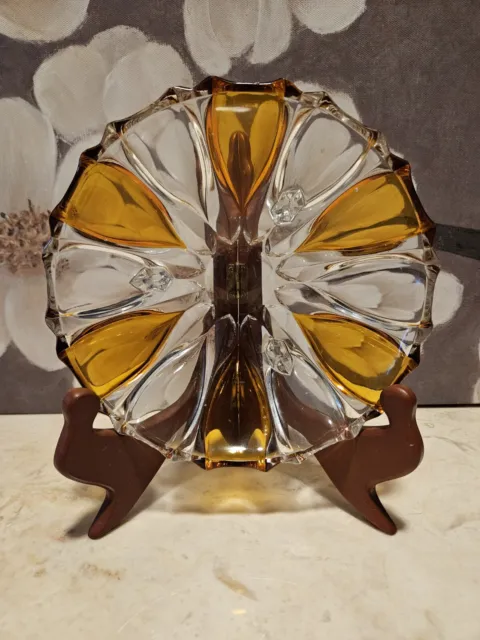 Gorgeous MCM Cut And Pressed Glass Amber Detail Bowl Candy Dish 3 Legs Home Deco