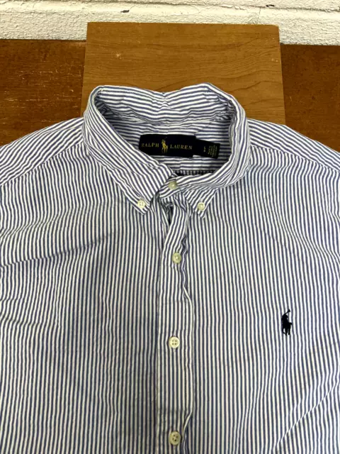 Polo Ralph Lauren Shirt Mens Large Blue Seersucker Short Sleeve Striped