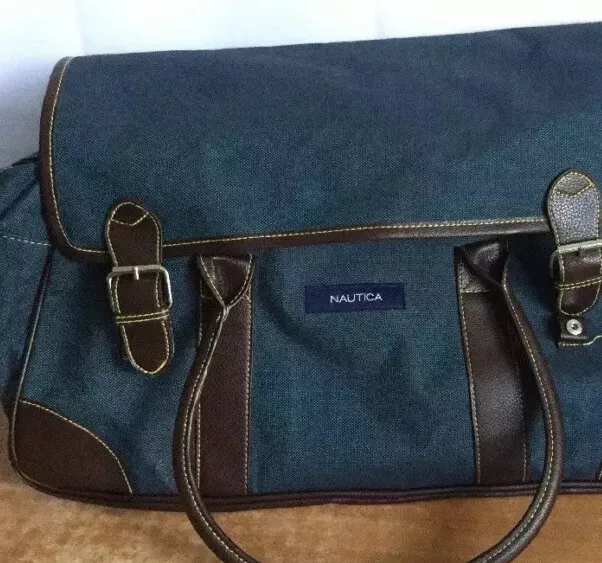 Nautica Duffel Carry On Weekender Bag Shoulder Travel Strap Blue & Brown Trims