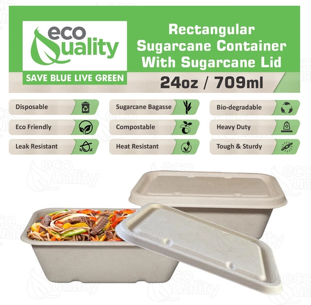 24oz Sugarcane Fiber Bowl with Sugarcane Lid Compostable Disposable Oblong 500pc