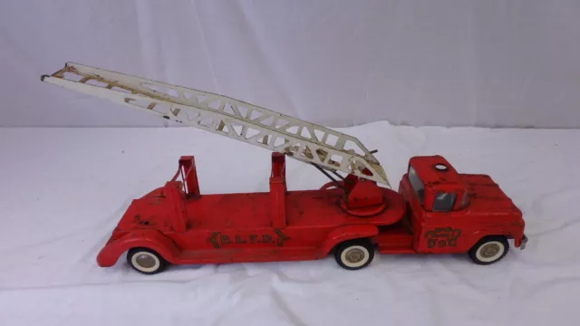 Vintage 1950s Buddy L BLFD #3 Pressed Steel Extension Ladder Fire Truck Toy, 26"