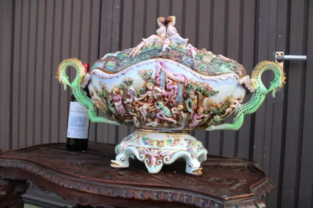 Majestical capodimonte porcelain Dragon putti cherub Centerpiece bowl vase mark