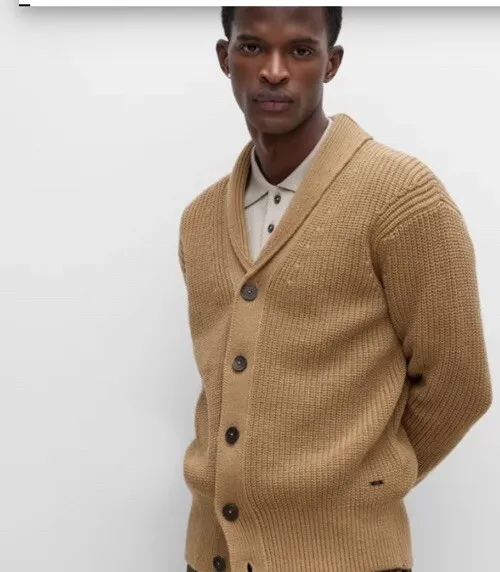 HUGO BOSS LOMBARDO RIBBED KNIT CASHMERE BLEND CARDIGAN NWT Camel Tan XL $645