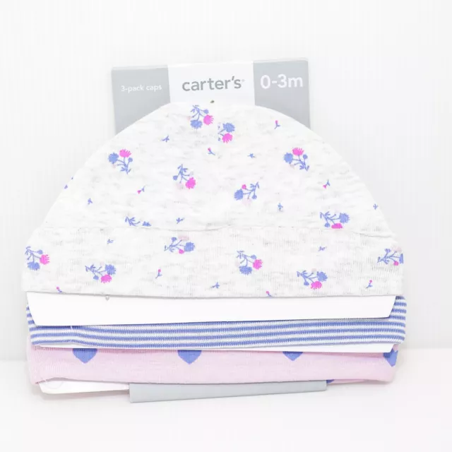 Carter's Baby Girl 3-Pack Caps Hats 100% Cotton Pink Blue Hearts Size 0-3 Months