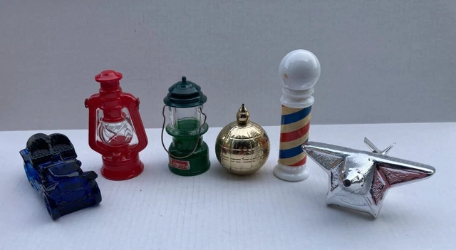6 Avon Empty Bottles Lot F Stanley Steamer Car lanterns plane globe Barber Pole