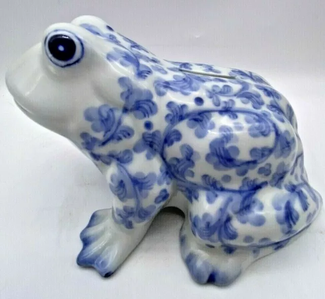 Vintage Andrea by Sadek Blue White Porcelain Ceramic Frog Coin Bank 2