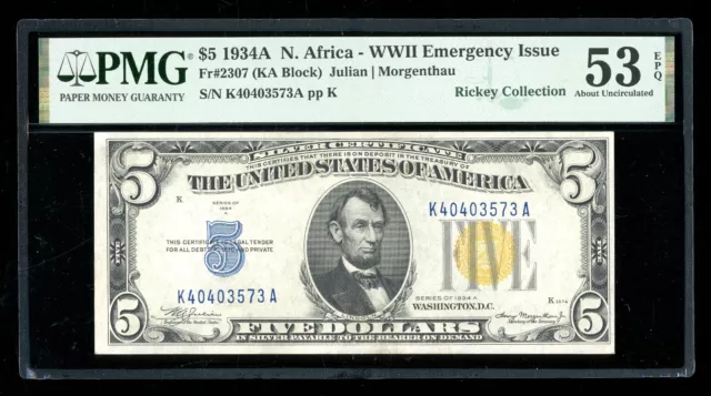 DBR 1934-A $5 Silver North Africa Fr. 2307 PMG 53 EPQ Serial K40403573A