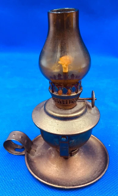 Vintage Brass Miniature Swivel Oil Lamp Table /Wall Stellar Amber Glass Chimney