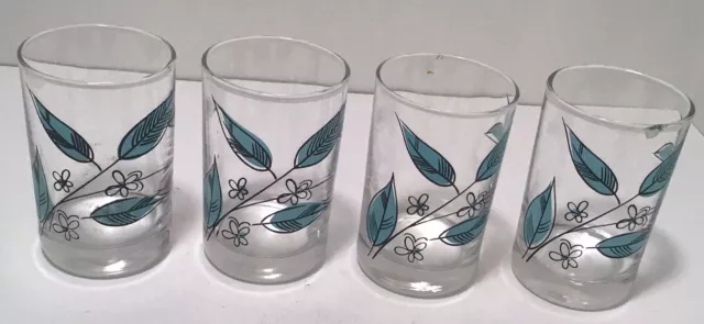 Vintage Lot Of 4 Mcm Juice Glasses 3.5”/2” Turquoise Black Leaves Design