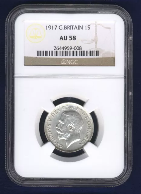 Great Britain  England George V 1917 1 Shilling Silver Coin Certified Ngc Au-58