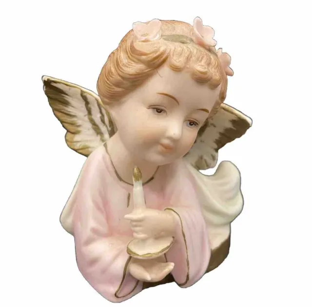 Vintage Tilso Japan Pink Angel Bust Figurine Candle Holding Ceramic Gold Accents