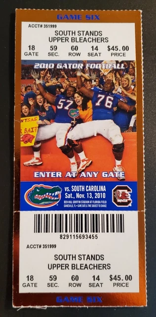 Florida Gators South Carolina Football Ticket 11/13 2010 Lattimore 3 TD 212 Stub