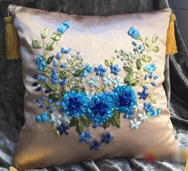 Kit de bordado de cinta cubierta de almohada azul rojo flor hecha a mano agujas